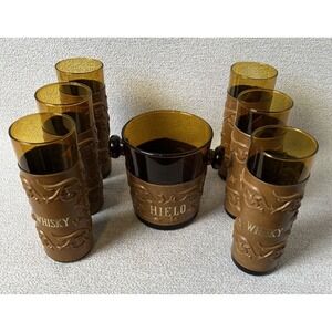 Whisky Glasses & Glass Ice Bucket Amber Embossed Leather Sleeve Set 7 Bar Liquor